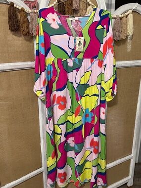 easel Multicolor Floral Maxi Dress in Pink, Green & Yellow